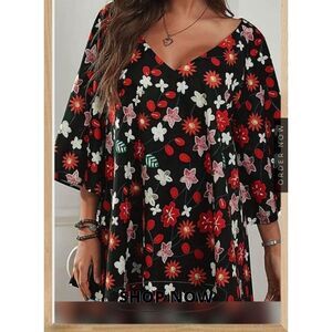 Casual V Neck 3/4 Sleeve Loose Fit Floral Blouses Sz 3XL